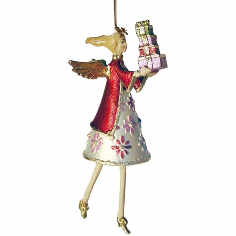 Engel kort kleed 14cm met cadeautjes rood en wit