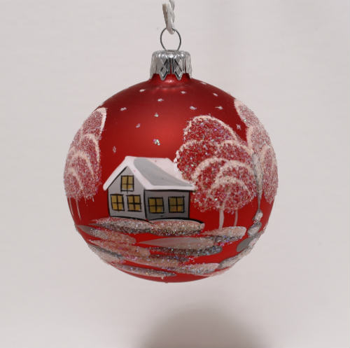 handbeschilderd roodglazen kerstbal winters landschap, diameter 8cm; achterkant