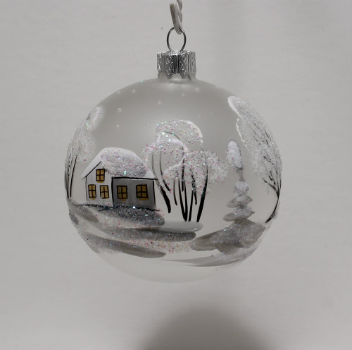 kerstbal wit glas diameter 8cm handbeschilderd winters landschap, achterkant