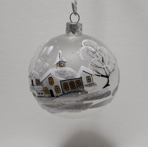 kerstbal wit glas diameter 8cm handbeschilderd winters landschap, voorkant