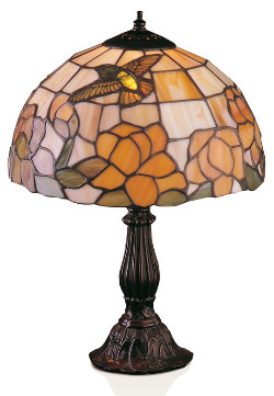 tiffanylamp 34cm hoog, vogeltje glas in lood