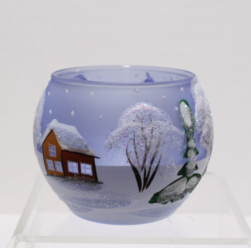 theelichtje blauw glas, met de hand beschilderd sneeuwtafereel, achterkant