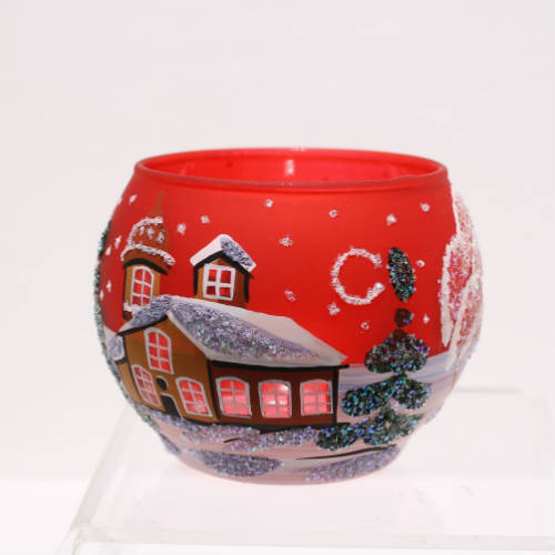 theelichte rood glas, met de hand beschilderd sneeuwtafereel torentje, voorkant