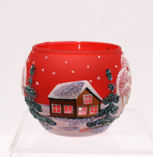theelichte rood glas, met de hand beschilderd sneeuwtafereel torentje, achterkant