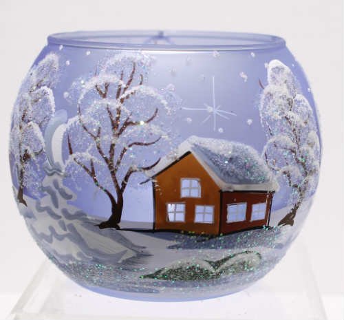 handbeschilderd blauwglazen t-lichtje diameter 8cm, winterstaferelen met huisjes, achterkant
