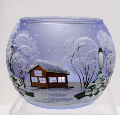 handbeschilderd blauwglazen t-lichtje diameter 8cm, winterstaferelen met boltorentje, achterkant