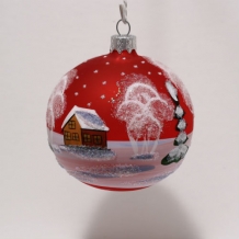 handbeschilderd roodglazen kerstbal winters landschap, diameter 8cm; achterkant