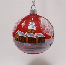 handbeschilderd roodglazen kerstbal winters landschap, diameter 8cm; voorkant