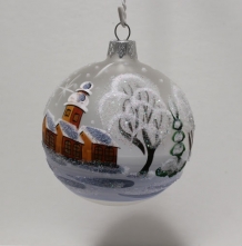 kerstbal wit glas diameter 8cm handbeschilderd winters landschap, voorkant