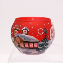 theelichte rood glas, met de hand beschilderd sneeuwtafereel torentje, voorkant