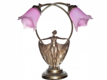 bronskleurige lampvoet met 2 glazen, paarskleurige lampekapjes