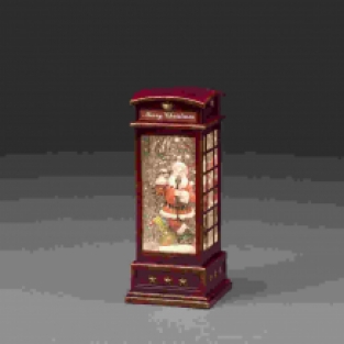 De Kerstman in antieke telefooncel met zak vol kerstgeschenken