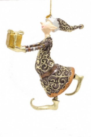 kerstdecoratie pakjesbrenger 12cm donkerbruin en goud