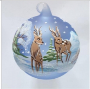 handbeschilderde kerstbal diameter 8cm blauw, met hert  achterkant