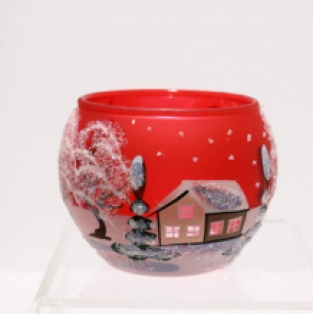 theelichte rood glas, met de hand beschilderd sneeuwtafereel achterkant