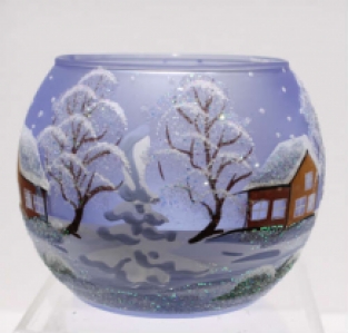 handbeschilderd blauwglazen t-lichtje diameter 8cm, winterstaferelen met huisjes, voorkant