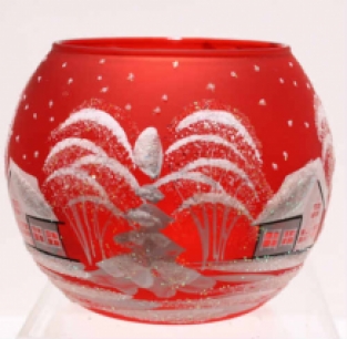 rood theelichtje met de hand beschilderd winters dekor spits torenjte achterkant