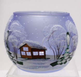handbeschilderd blauwglazen t-lichtje diameter 8cm, winterstaferelen met boltorentje, achterkant