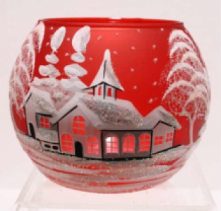 rood theelichtje met de hand beschilderd winters dekor spits torentje voorkant