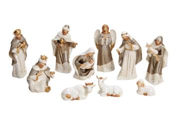 set beeldjes van de kerststal, 11 delig, wit en goudkleurig